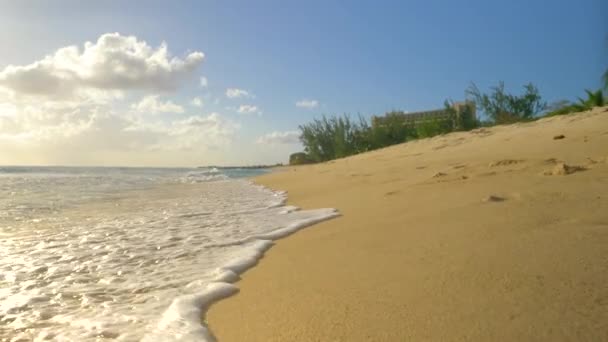 LOW ANGLE: Glassy ocean waves wash the white sand beach on a sunny evening. — Stock Video