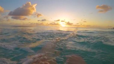 Turkuaz okyanusta yüzen genç bir kadın ayaklarını tekmeliyor ve günbatımını seyrediyor.