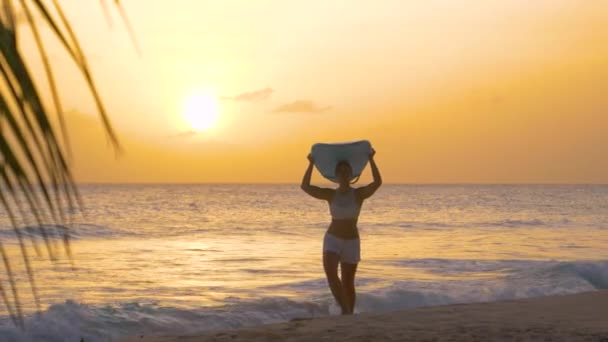 Vrolijke blanke vrouw draagt een surfplank op haar hoofd bij zonsondergang.. — Stockvideo