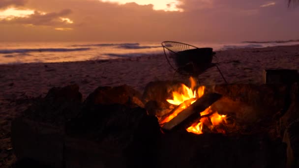 閉じる:日没時に砂浜の暖炉の中で小さな火が燃えます. — ストック動画