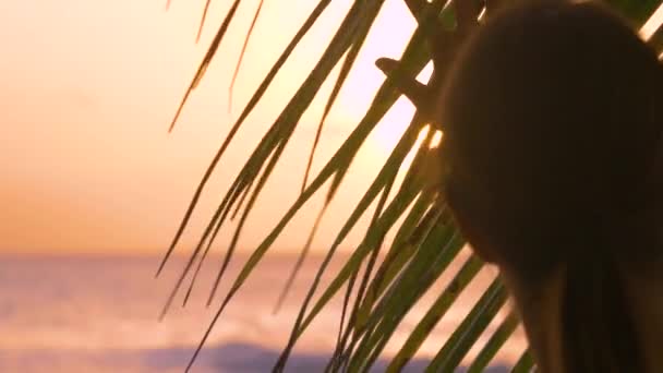 LENS FLARE, close up：在黄昏的阳光下，微笑的女人绕着海滩旋转 — 图库视频影像