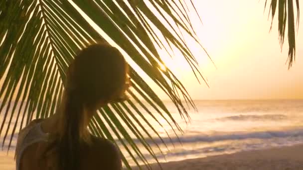 閉じる:若い女性は海に向かって歩いている間に彼女の腕を伸ばし — ストック動画
