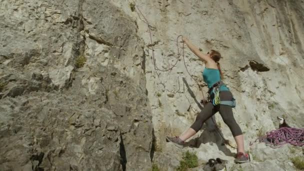 CLOSE UP: Kvinnlig klättrare säkrar sin vän som hennes söta valp sitter bakom henne — Stockvideo