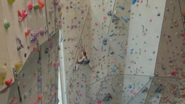 AERIAL: Garota alpinista sobe uma rota de escalada coberta cheia de porões de jarro. — Vídeo de Stock