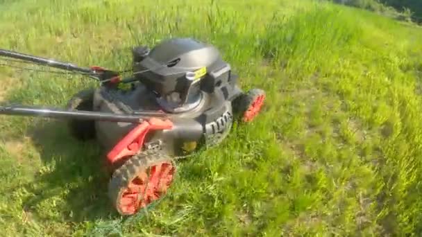 Садовник толкает моторизованную газонокосилку по неопрятному заднему двору — стоковое видео