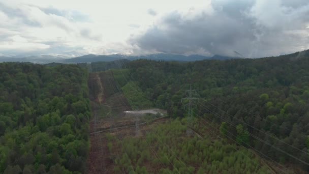 AERIAL: Lelijke elektriciteitskabels lopen door een bos op het bewolkte platteland. — Stockvideo