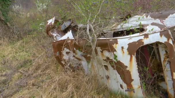 Kırsal kesimde yıkık dökük klasik araba enkazı bozulmaya terk edildi.. — Stok video