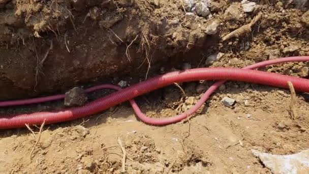 CLOSE UP: Red plastic telecommunication conduits run along a shallow trench. — Stock Video