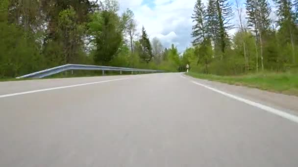 POV: Acelerando el camino sinuoso vacío corriendo a través del bosque en un supercoche rápido. — Vídeo de stock