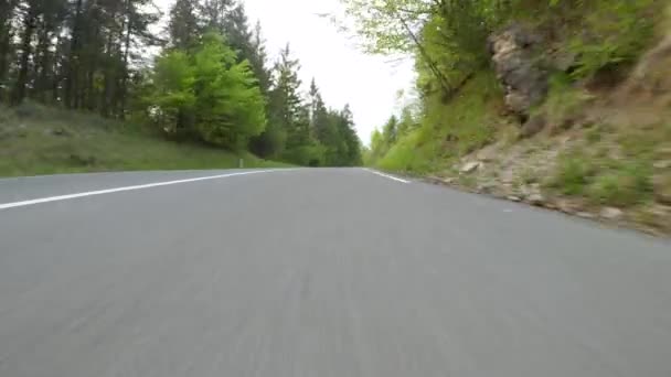 POV: Tiro fresco de dirigir ao longo da estrada vazia que enrola através das florestas verdes exuberantes. — Vídeo de Stock