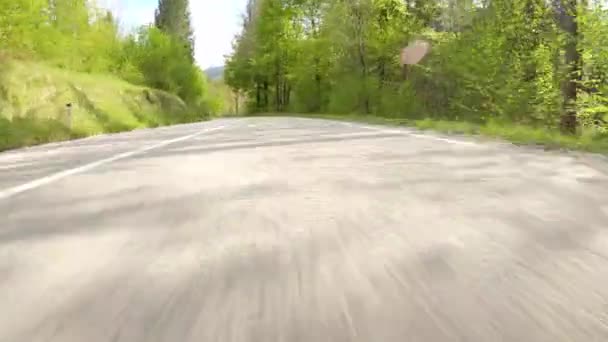 POV: Acelerando a estrada vazia atravessando uma floresta em um dia ensolarado de primavera. — Vídeo de Stock