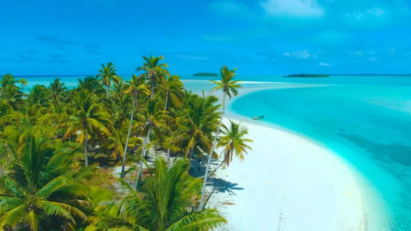 DRONE: Volando sobre el agua del océano turquesa que rodea la exuberante isla tropical. — Foto de Stock