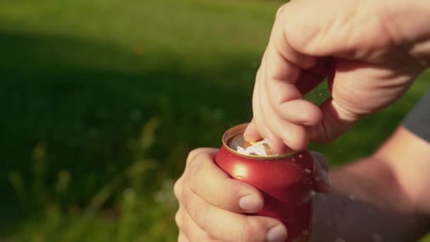 ZAMKNIJ SIĘ: Nierozpoznany spragniony człowiek otwiera puszkę wstrząśniętego piwa podczas pikniku — Wideo stockowe