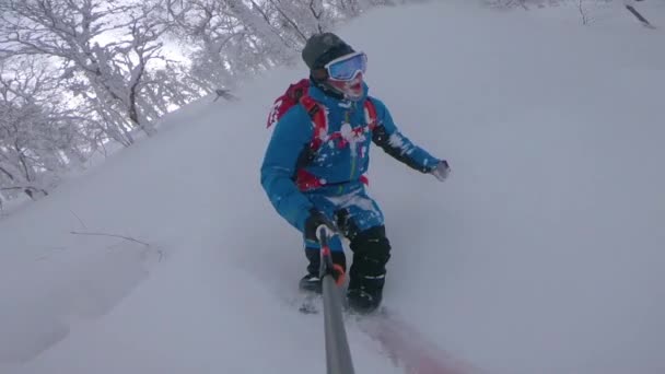SELFIE:日本で新鮮なパウダースノーを楽しむ極端なフリーライドスキーヤー — ストック動画