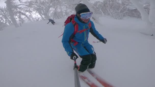 SLOW MOTION: Twee mannelijke toeristen snijden poeder sneeuw tijdens het skiën tussen de bomen. — Stockvideo