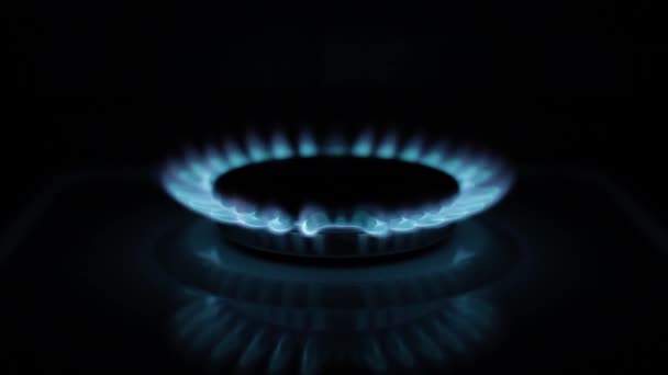 Горящий газ на кухонной плите. Выключение газового огня — стоковое видео