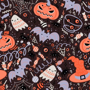 Cadılar Bayramı kusursuz. Balkabakları, mezar taşı, kafatası, hayalet, yarasa, şapka, kedi vs. ile el çizimi. Duvar kağıdı, ambalaj, tekstil için kullanılabilir..