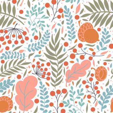 Meşe palamudu ve turuncu, bej, kahverengi ve sarı meşe yapraklı kusursuz desen. Duvar kağıdı, hediye kağıdı, şablon dolgusu, web sayfası arkaplanı, sonbahar tebrik kartları için mükemmel.