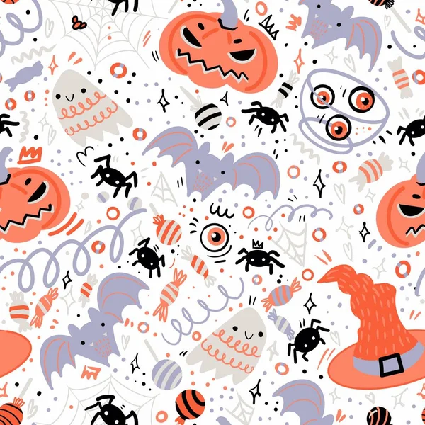 Halloween Sömlöst Mönster Handritad Illustration Med Pumpor Gravsten Skalle Spöke — Stockfoto