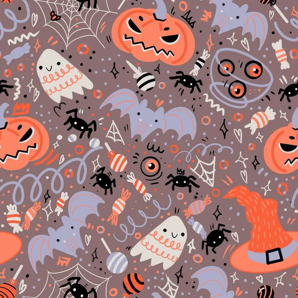 Modello Senza Cuciture Halloween Illustrazione Disegnata Mano Con Zucche Lapide — Foto Stock