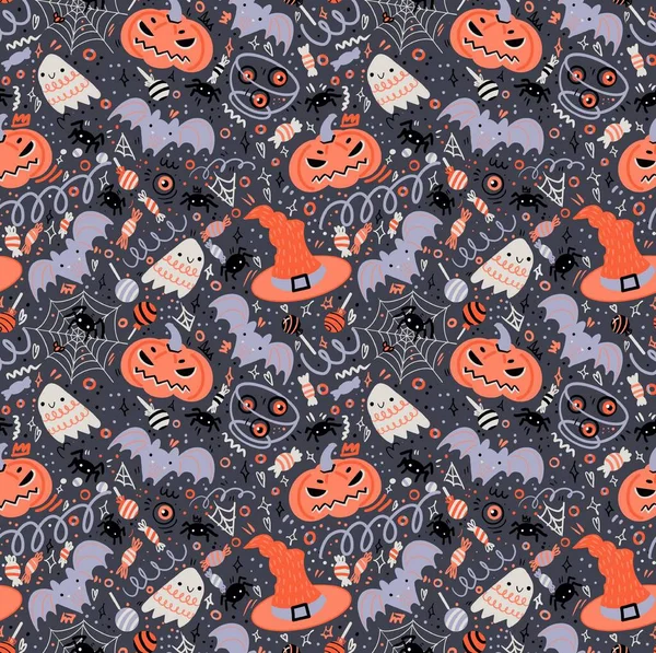 Patrón Sin Costuras Halloween Ilustración Dibujada Mano Con Calabazas Lápida — Foto de Stock
