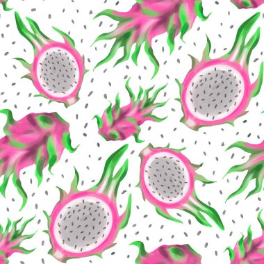 Pitahaya 'nın suluboya seti (ejderha meyvesi) ve izole edilmiş beyaz arka planda tohumlarla dilimlenmiş. El boyası. Tropikal kokteyl tarifi ve egzotik tatlıların menüsü için gıda gösterimi olarak kullanılabilir.