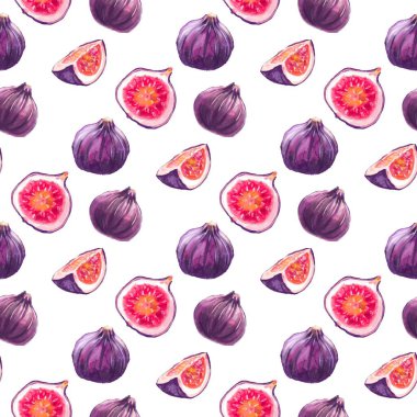 İncirli suluboya desenler. Beyaz arka planda incirli mor meyveler. Kartpostallar, posterler, tekstil tasarımı ve diğer şeyler için kusursuz meyve deseni çizimi.