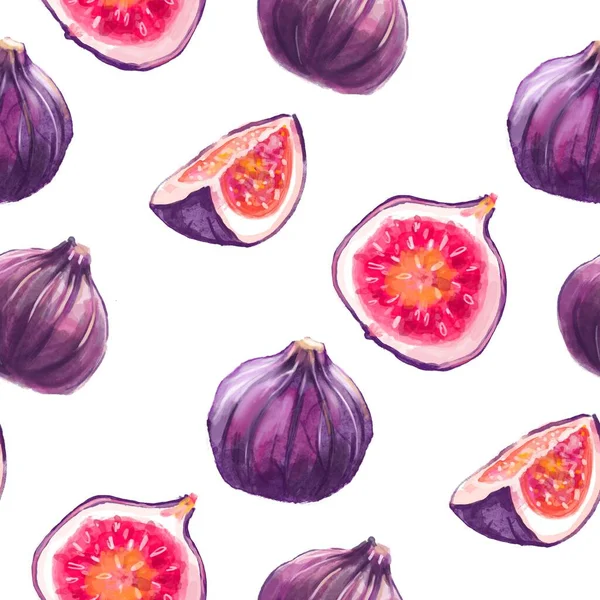 Modelli Acquerello Con Fichi Fico Frutti Viola Sfondo Bianco Illustrazione — Foto Stock