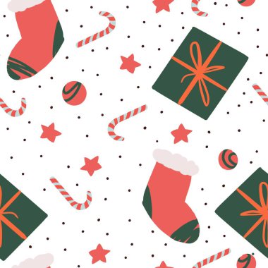 Noel hediyeleri sonsuzluk kalıbı. Beyaz arka planda: gökkuşağı şekeri, hediye çorapları, Noel oyuncakları, kırmızı yıldızlar, yeşil kutular.