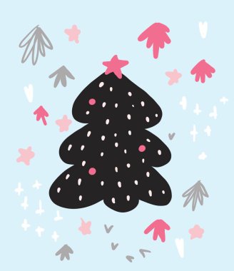 Soyut akrilik renk kalıbı: Gri, pembe, beyaz, sarı ve turuncu Noel ağaçları. Parlak mavi bir arkaplanda.