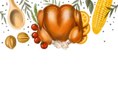 İllüstrasyon Şükran Günü ya da Noel yemeği. Beyaz arka plan için: hindi, mısır, tappery, domates ve portakal. Doldurulacak kartpostal boşluğu.