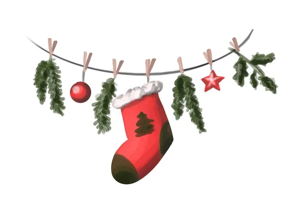 新年或圣诞花环隔离画 白色背景 礼物袜 红色圣诞玩具 空白明信片 — 图库照片