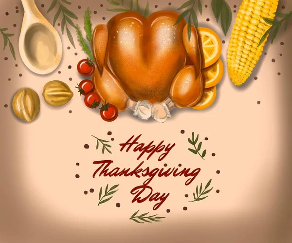 Illustration Thanksgiving Day dinner. On a colored background: turkey, corn, tappery, nuts, tomato and oranges. Postcard filled Happy Thanksgiving Day