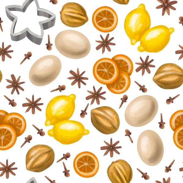 Thanksgiving or Christmas dinner pattern. On a white background: eggs, nuts, orange slices, cinnamon, lemons, carnation, anise and baking tapperware.