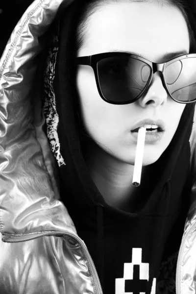 Stylish Girl Glasses Hand Stop Black White Portrait — Stock Photo, Image