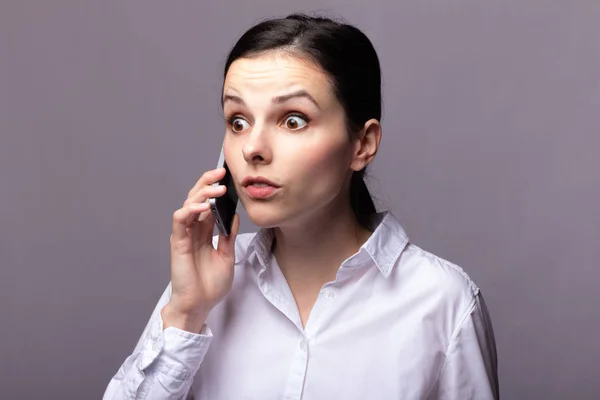 depositphotos 300068658 stock photo girl white shirt communicates phone испуганная девушка с телефоном