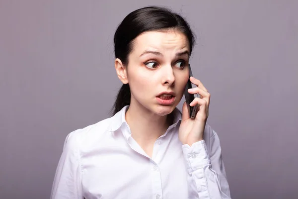 Girl White Shirt Communicates Phone — Stock Photo, Image