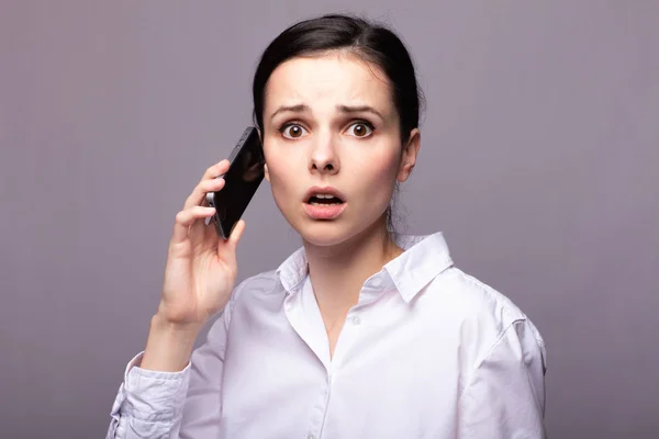 Girl White Shirt Communicates Phone — Stock Photo, Image