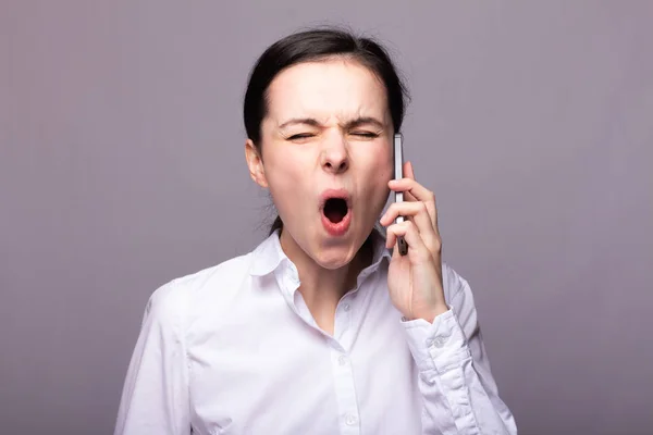 Girl White Shirt Communicates Phone — Stock Photo, Image