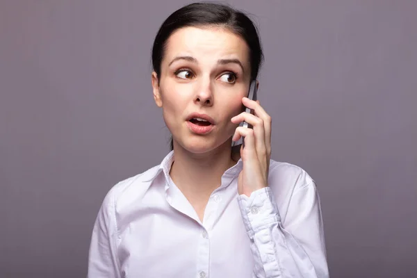 Girl White Shirt Communicates Phone — Stock Photo, Image