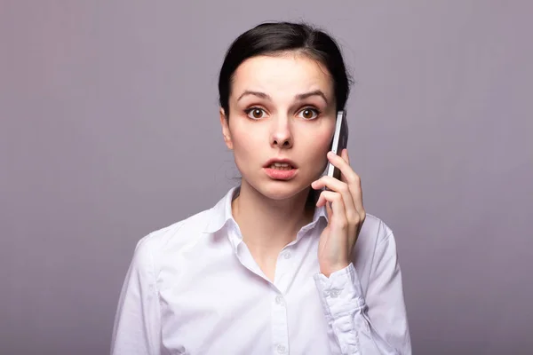 Girl White Shirt Communicates Phone Stock Image