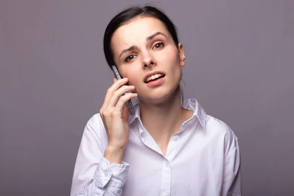 Girl White Shirt Communicates Phone Stock Picture