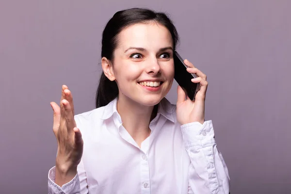 Girl White Shirt Communicates Phone — Stock Photo, Image
