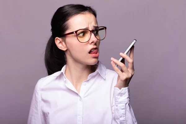 Beautiful Girl White Shirt Glasses Vision Communicates Phone — Stock Photo, Image