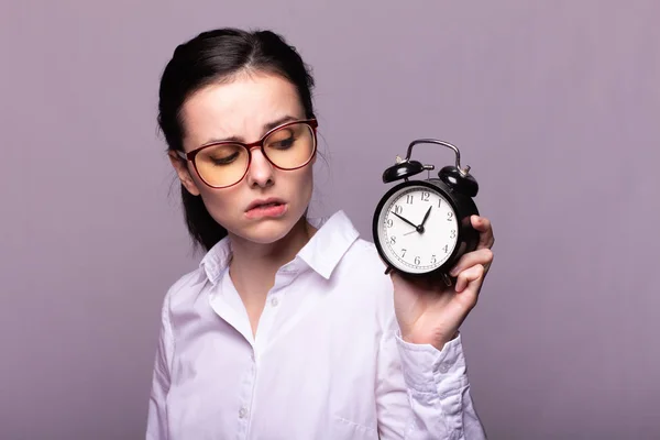 Girl White Shirt Glasses Holds Alarm Clock Her Hand Stock Image