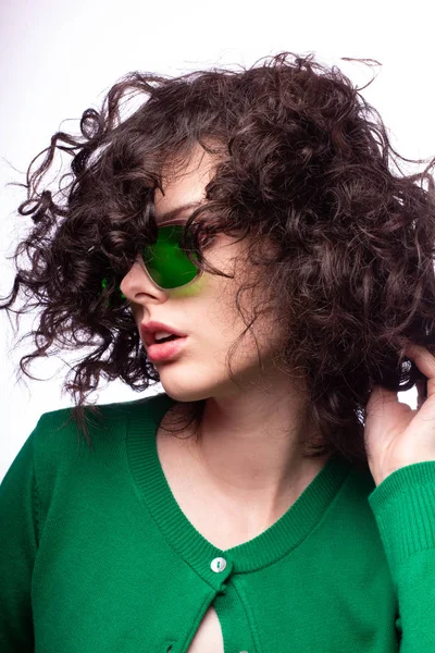 Beautiful Girl Green Glasses Green Sweater Stock Image