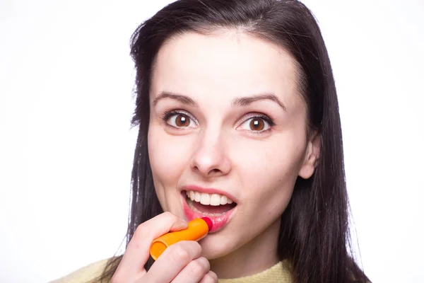 Beautiful Young Woman Paints Lips Lipstick — Stock Photo, Image