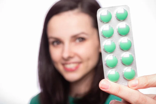 Beautiful Young Girl Green Sweater Holding Pack Pills — Stock Photo, Image