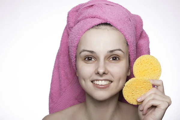 Young Woman Towel Her Head Shower Sponge Hands — Stock Photo, Image