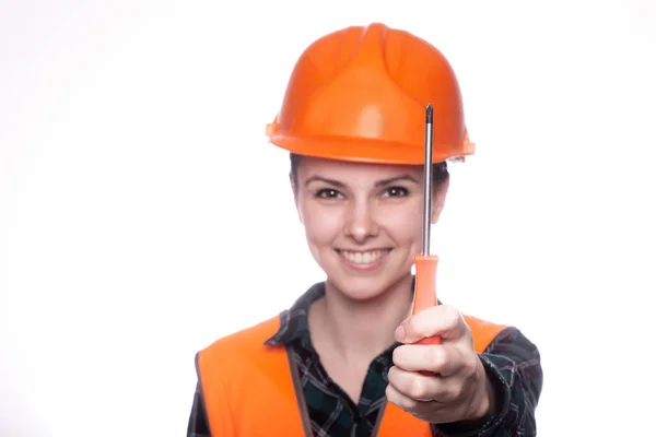 Beautiful Young Girl Worker Helmet Holds Screwdriver His Hand — ストック写真